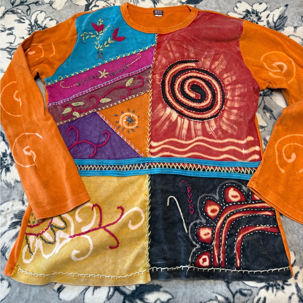 Orange Cotton Nepal Embroidered Boho Long Sleeve